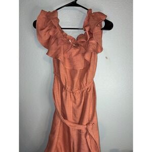 Zoey & Leelo Terracotta Rust Ruffle Off Shoulder Wide Leg Jumpsuit Small NWT
